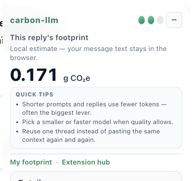 carbon-llm floating panel on an AI chat: estimated CO₂e for this reply, privacy note, and quick tips to reduce impact